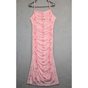 Mermaid Maxi Dress Women L Pink Floral Ruched Ruffle Y2K Micro Mesh Roses‎ Prom